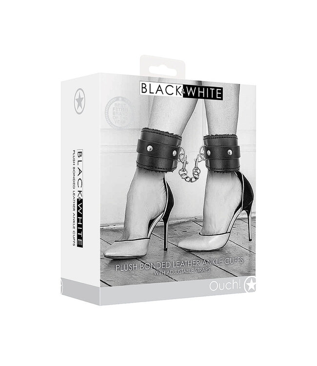 Shots America Ouch! Black & White Plush Bonded Leather Ankle Cuffs