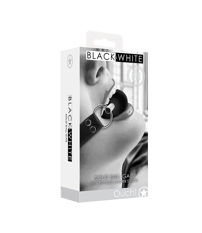 Shots America Ouch! Black & White Solid Ball Gag with Bonded Leather Straps
