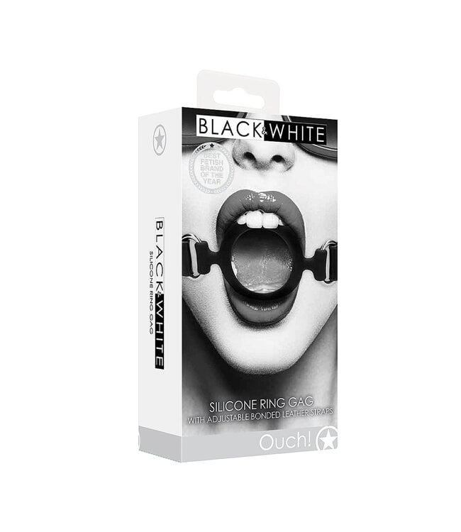 Shots America Ouch! Black & White Silicone Ring Gag with Bonded Leather Straps