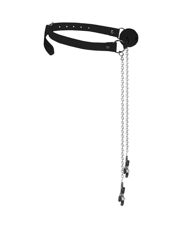 Shots America Ouch! Black & White Breathable Ball Gag with Nipple Clamps