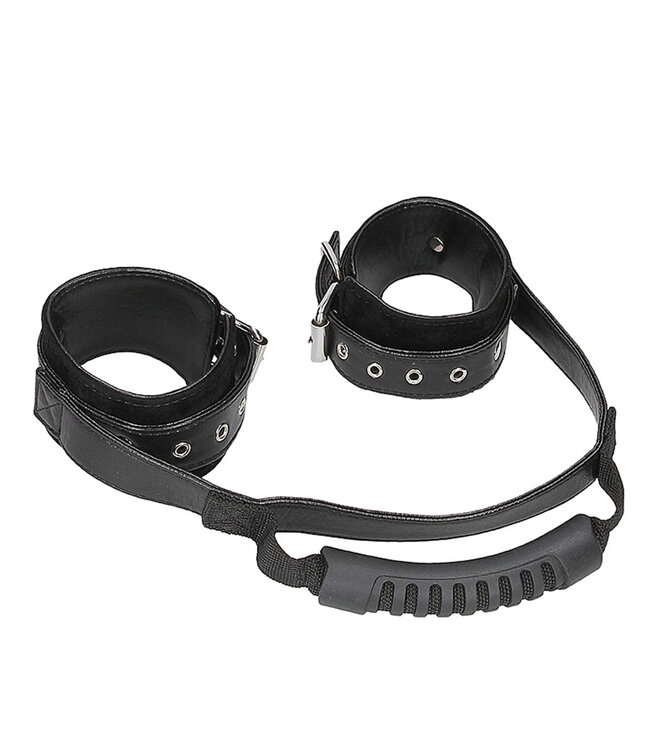 Shots America Ouch! Black & White Bonded Leather Hand Cuffs with Handle