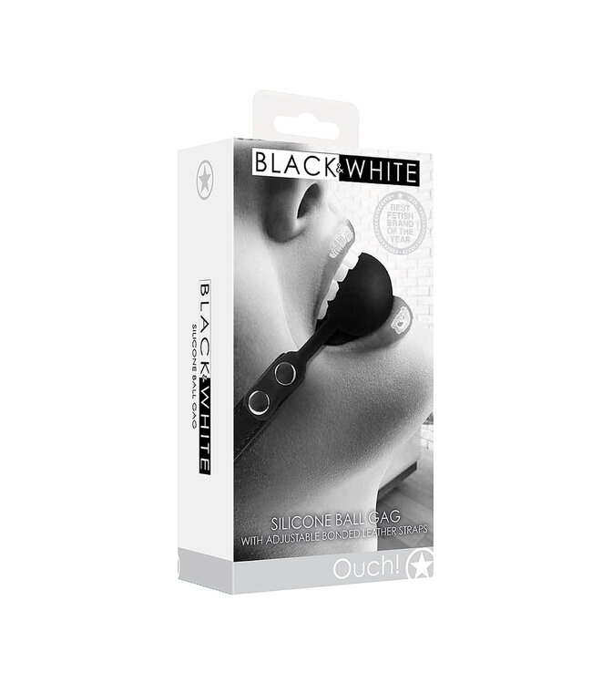 Shots America Ouch! Black & White Silicone Ball Gag with Bonded Leather Straps