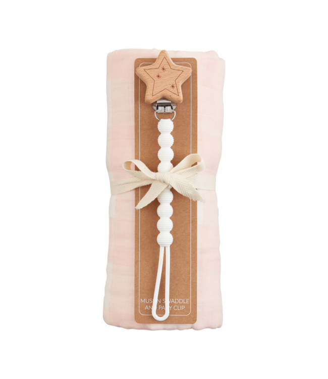 Pink Gingham Swaddle & Paci Clip Set