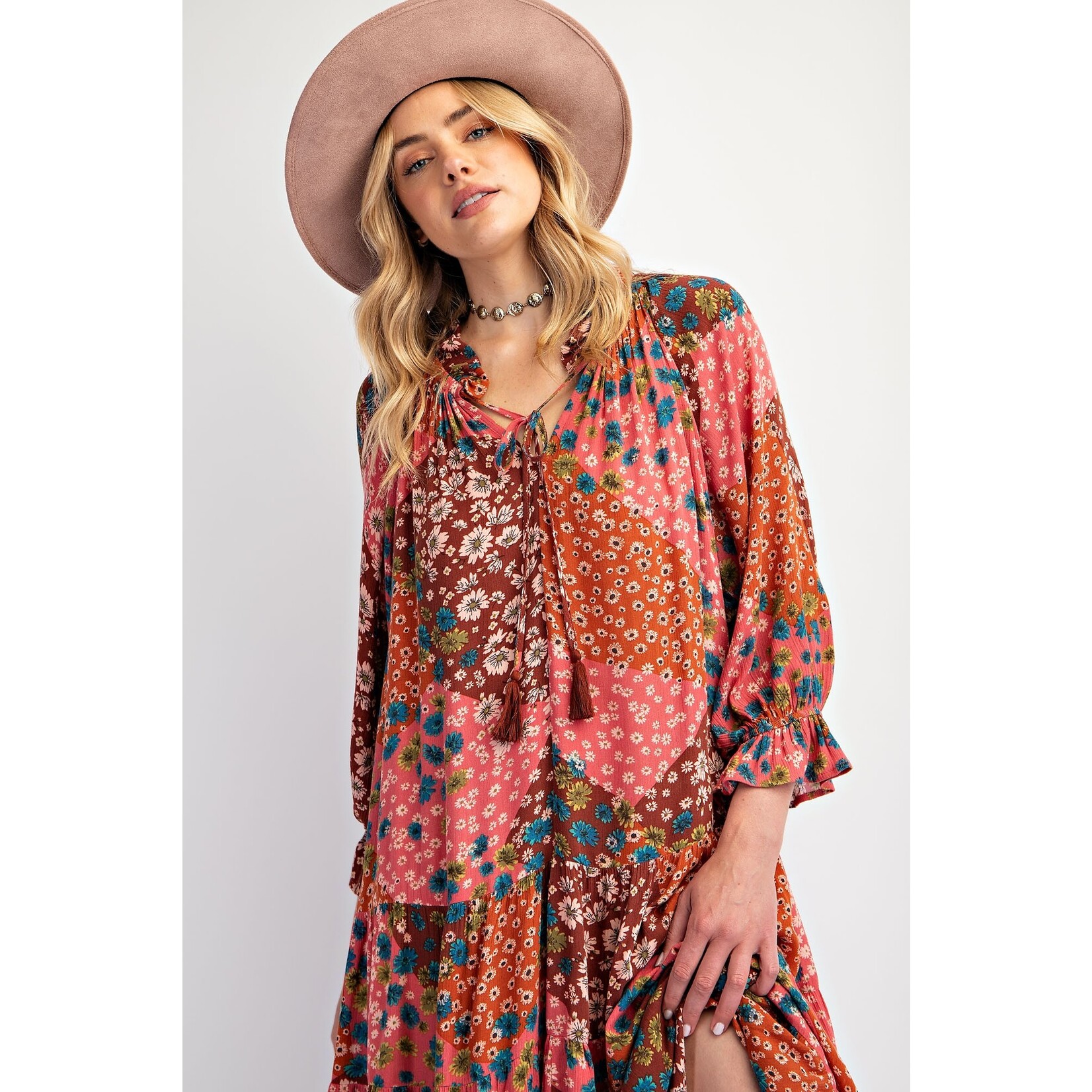 Easel Kathleen Rose Brown Patch Maxi Dress