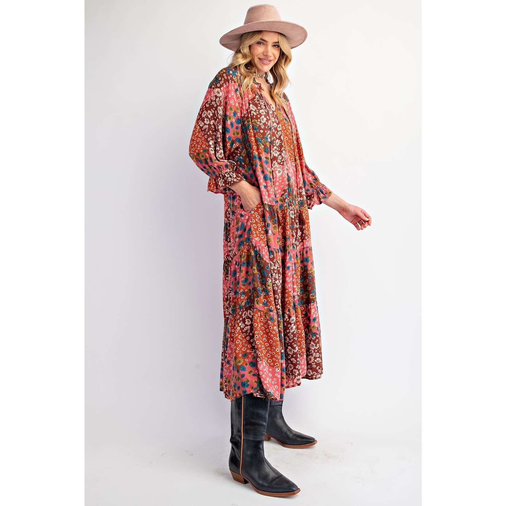 Easel Kathleen Rose Brown Patch Maxi Dress