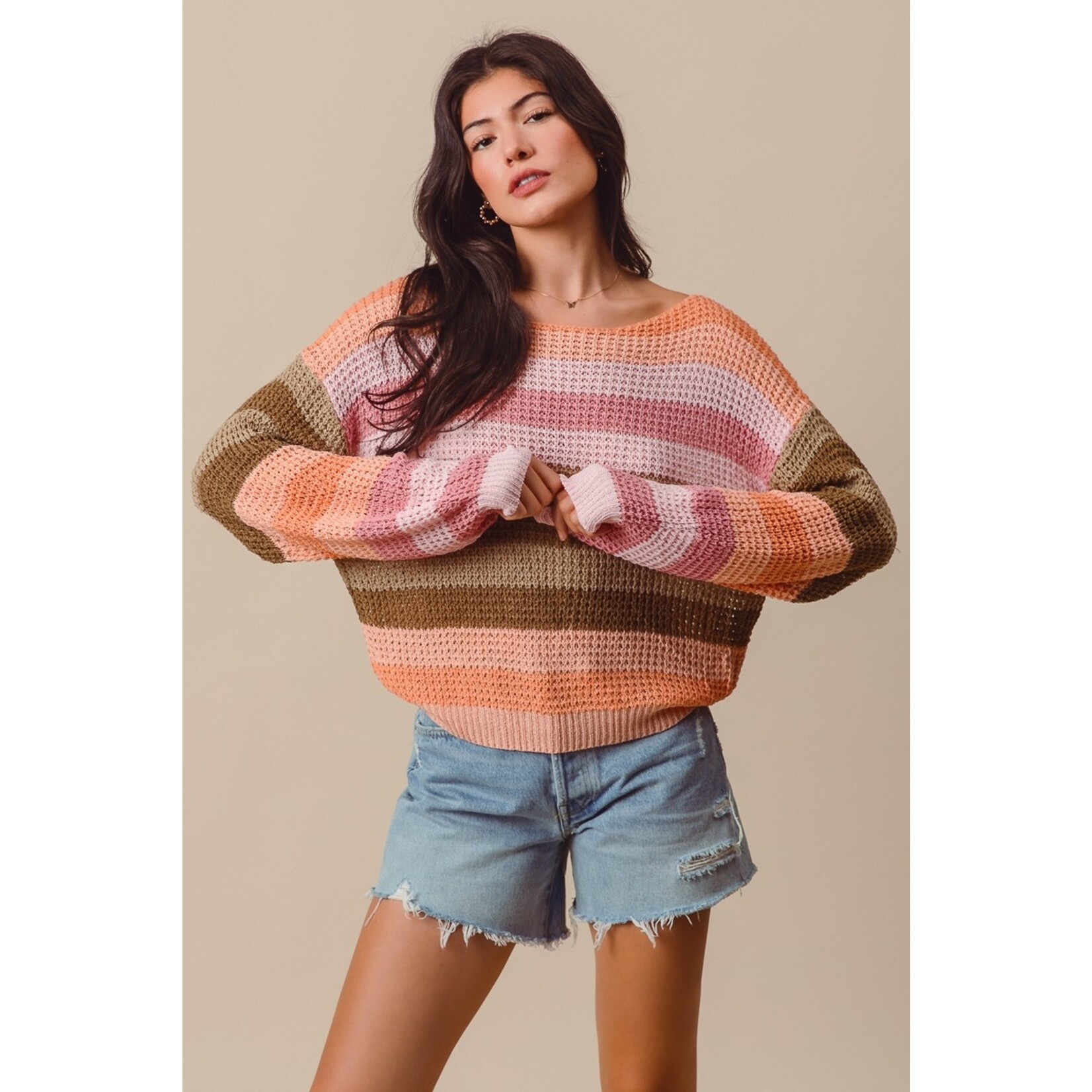 SO Me Nova Peach Striped Sweater