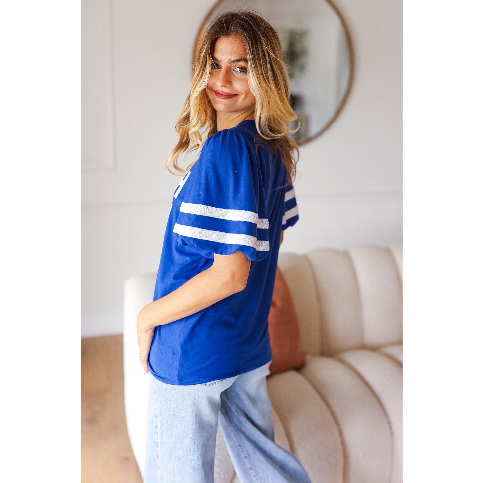 Haptics Touchdown Blue Sequin Top