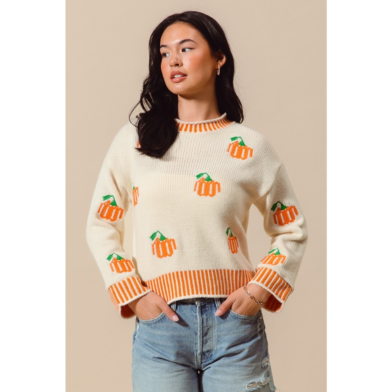 SO Me Gabi Ivory Pumpkin Embroidered Sweater