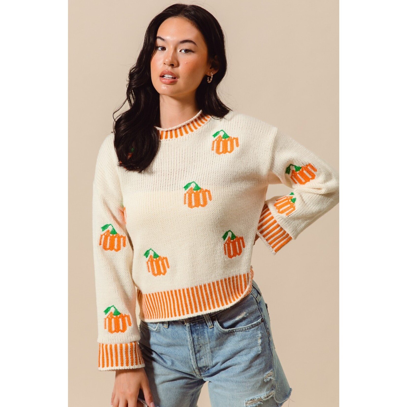 SO Me Gabi Ivory Pumpkin Embroidered Sweater