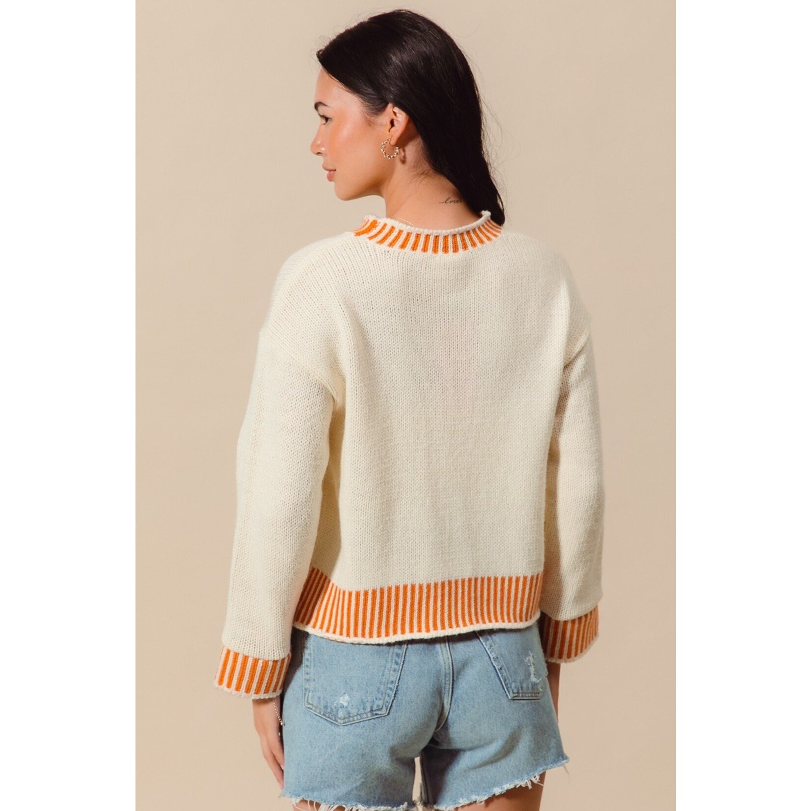 SO Me Gabi Ivory Pumpkin Embroidered Sweater