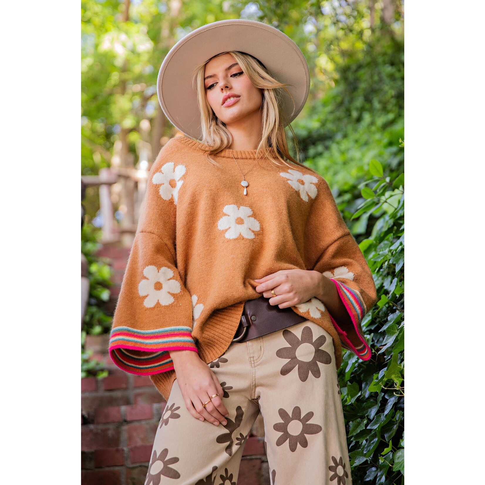 Easel Ella Camel Flower Sweater