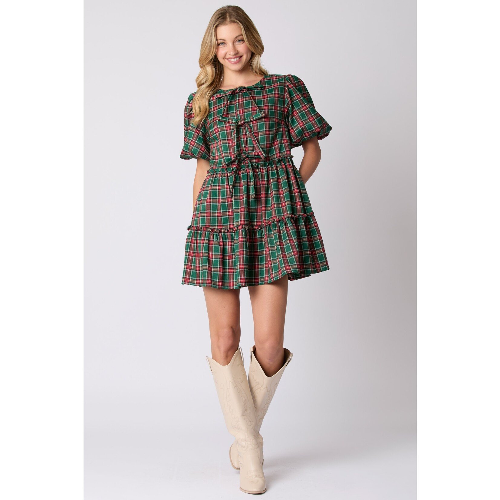 Peach Love California Poppy Green Plaid Christmas Dress