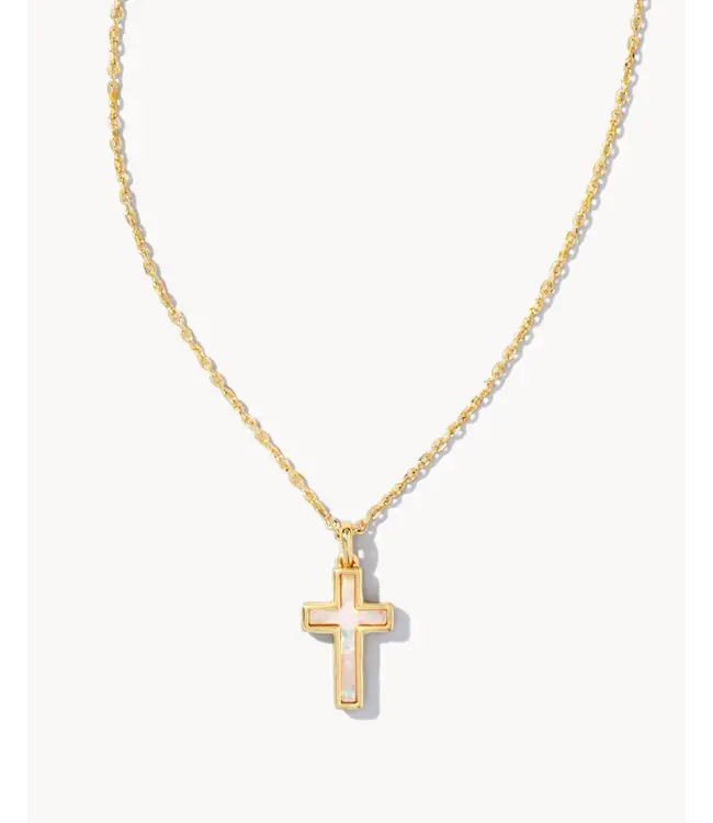 Kendra Scott Cross Gold Pendant Necklace in White Kyocera Opal