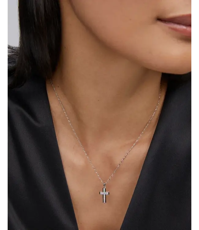 Kendra Scott Cross Silver Pendant Necklace in White Kyocera Opal