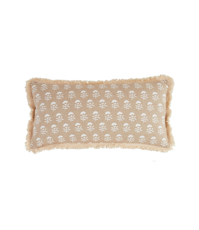 Tan Block Print Mini Floral Lumbar Pillow