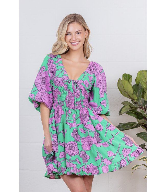 Caroline Green Floral Smocked Dress