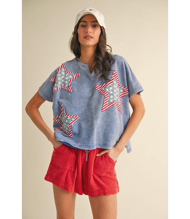 Amira Washed Blue Star Patch Top