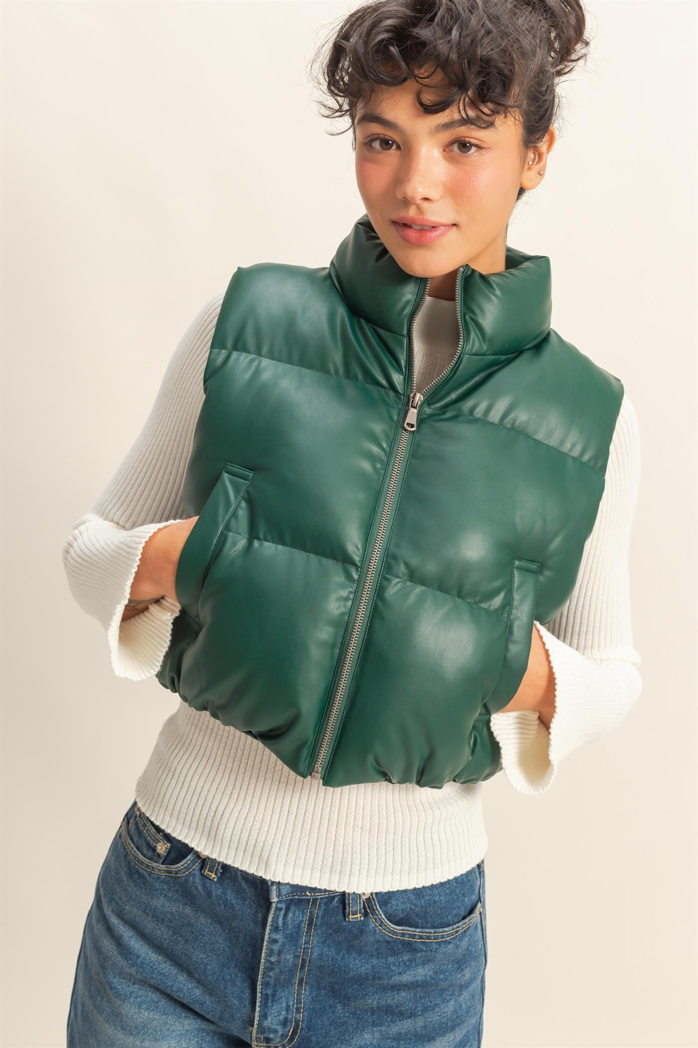 Darla Green Cropped Puffer Vest - Gracious Me!