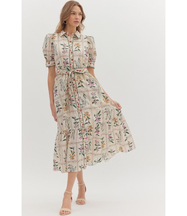 Evelyn Ecru Floral Midi Dress