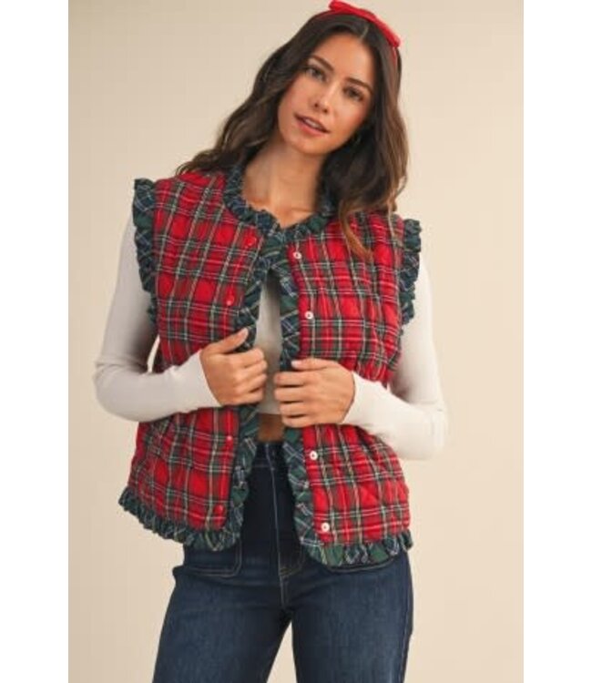 Noel Christmas Tartan Quilted Ruffle Vest