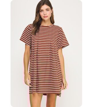 Strut & Bolt Sadie Brown Striped Pintuck Dress