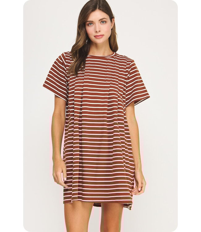 Sadie Brown Striped Pintuck Dress