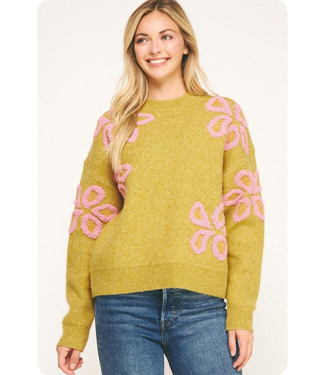 Josephine Avocado Floral Embroidered Sweater