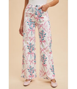 Anniewear Avery Flower & Bow Print Wide Leg Jeans