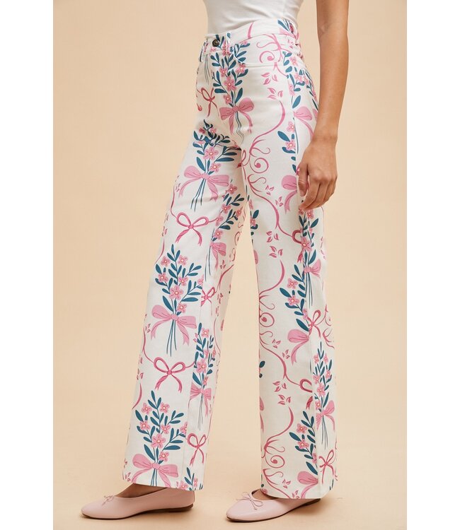 Avery Flower & Bow Print Wide Leg Jeans