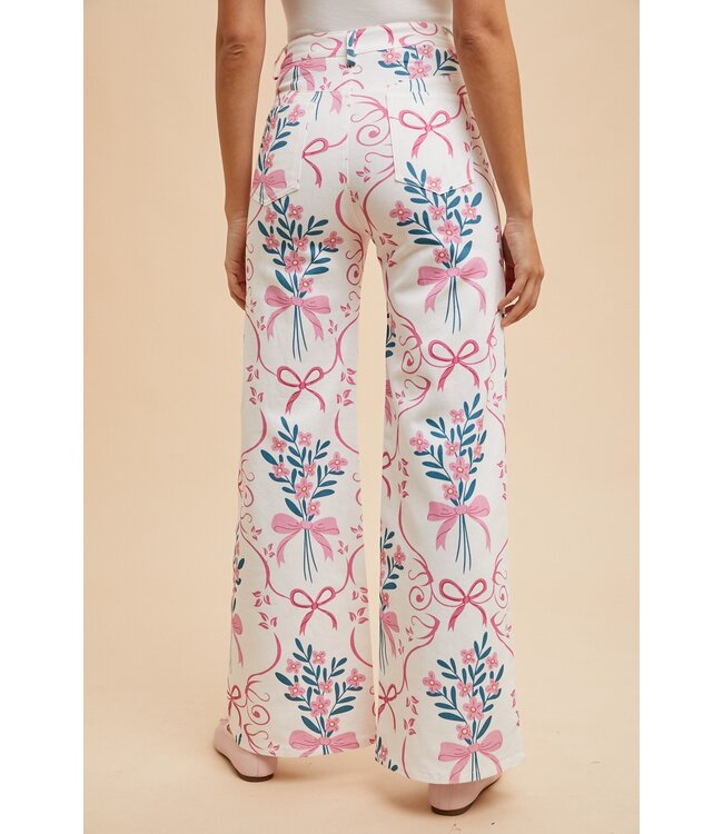 Avery Flower & Bow Print Wide Leg Jeans