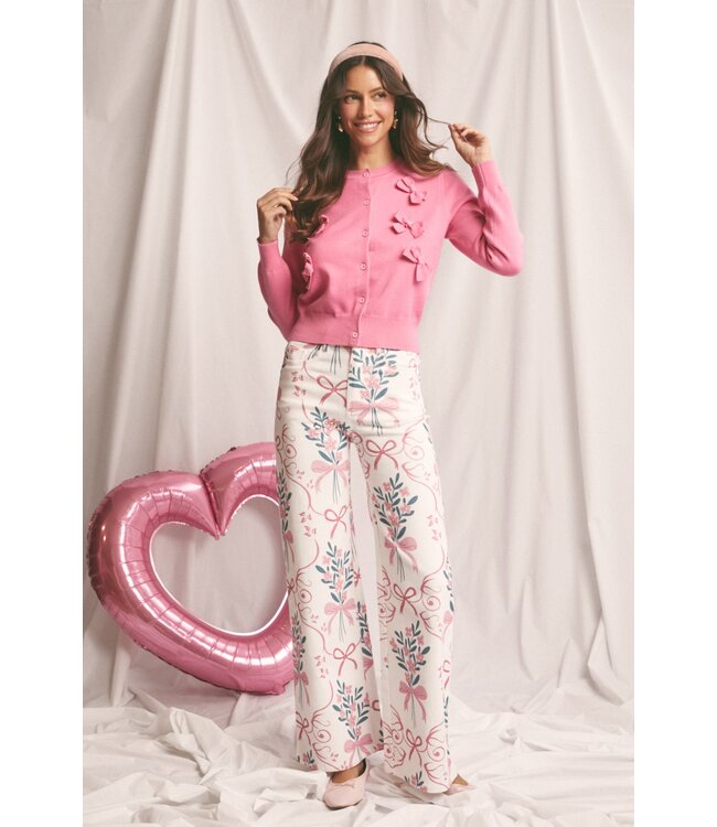 Avery Flower & Bow Print Wide Leg Jeans