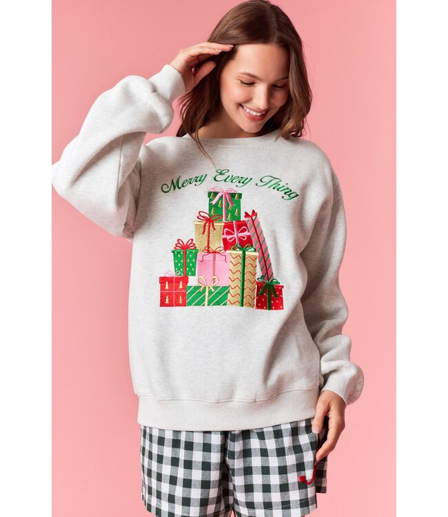 Merry Every Thing Grey Embroidered Sweatshirt