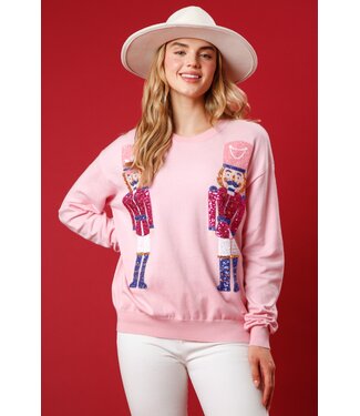 Fantastic Fawn Nutcracker Pink Sequin Embroidered Sweater