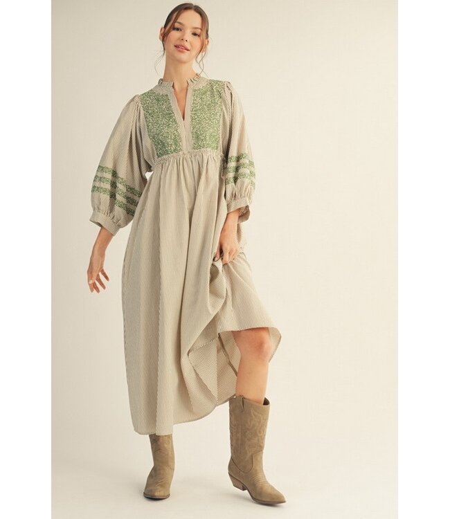 Alice Toffee Embroidered Stripe Midi Dress