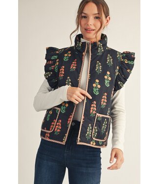 Jodifl Sandy Black Floral Print Puffy Vest