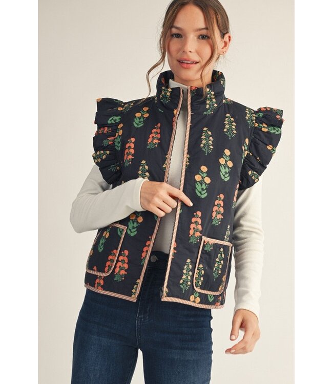 Sandy Black Floral Print Puffy Vest