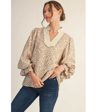 Jodifl Payton Taupe Boho Leaf Print Blouse