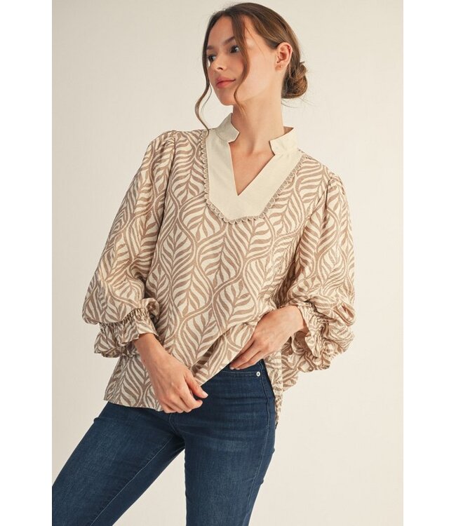 Payton Taupe Boho Leaf Print Blouse