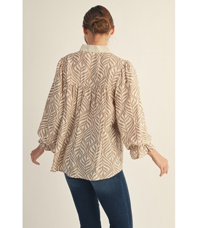 Payton Taupe Boho Leaf Print Blouse
