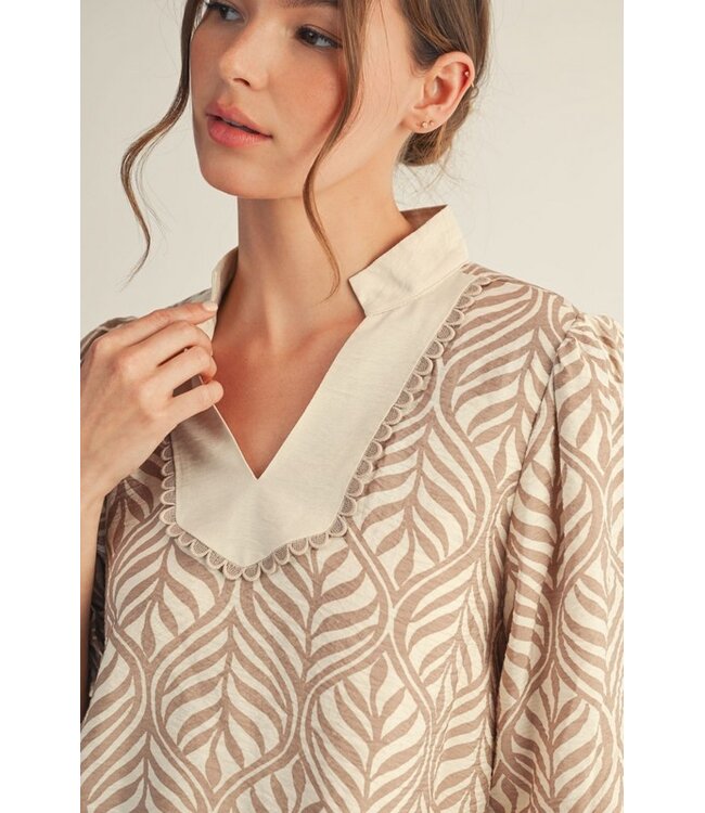 Payton Taupe Boho Leaf Print Blouse