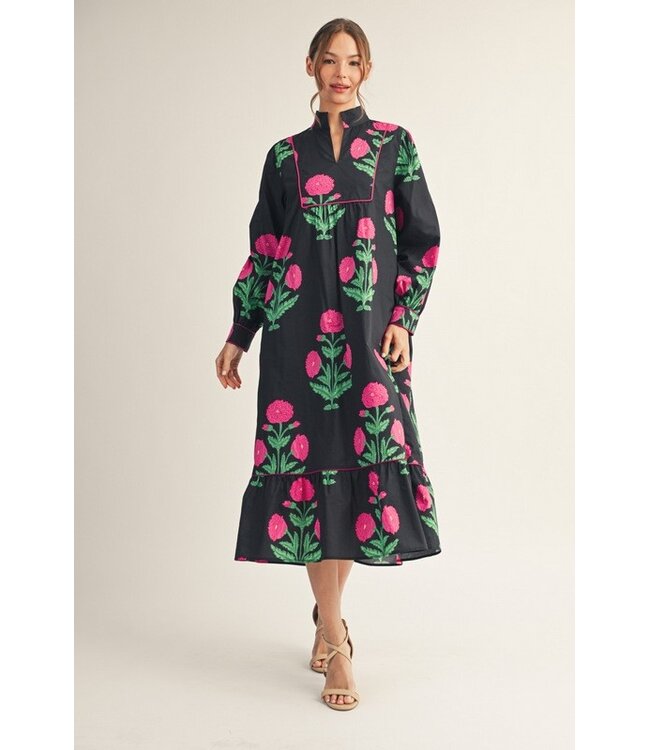 Gena Black Floral Midi Dress