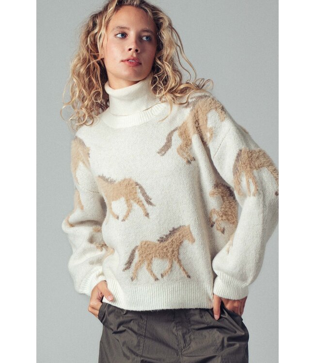 Cash Ivory Galloping Horse Turtleneck Sweater