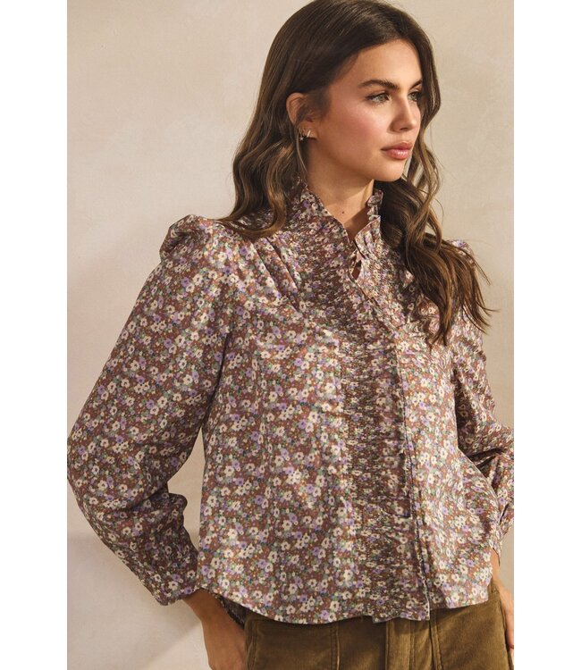 Brandi Mocha Floral Ruffle Blouse