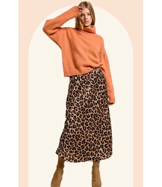 La Miel Dorris Classic Leopard Satin Midi Skirt