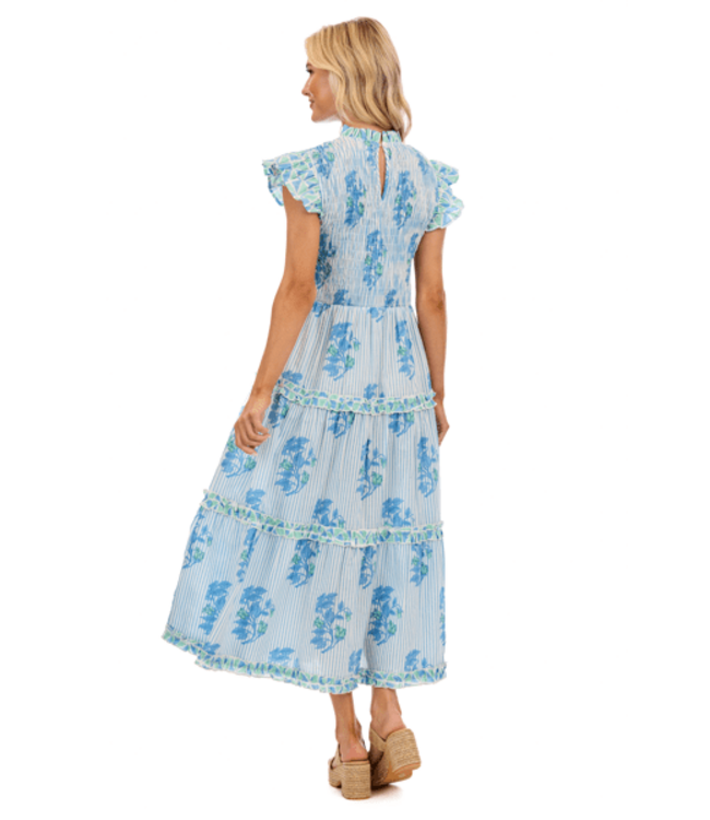 Perin Blue Smocked Midi Dress