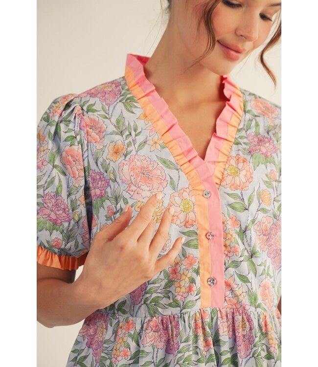 Carrie Sky Blue Tiered Floral Dress