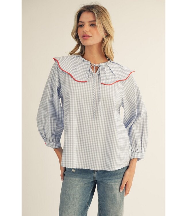 Noella Blue Gingham Peasant Top