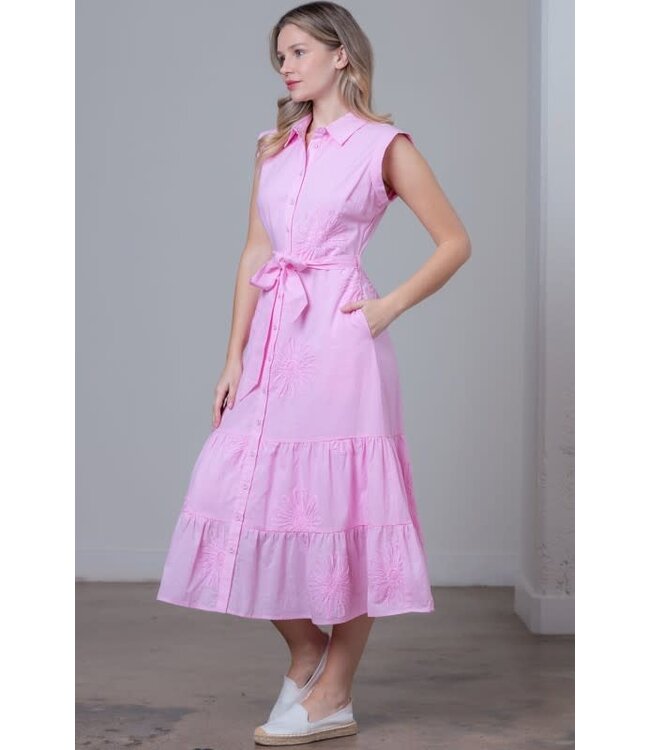 Ava Pink Applique Tiered Skirt Midi Dress