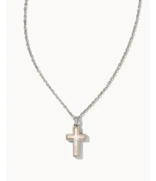 Kendra Scott Cross Silver Pendant Necklace in White Kyocera Opal