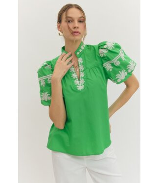 Entro Cellia Green Embroidered Top